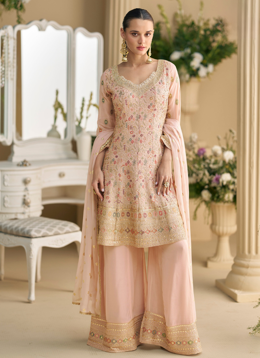 Party Wear Blush Pink  Georgette Long Sleeves Sharara Suit