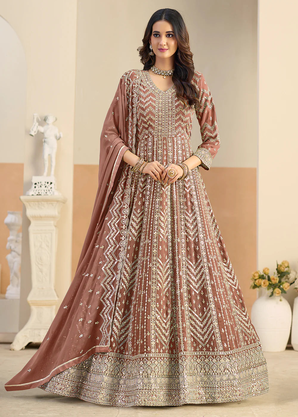 designer brown anarkali gown