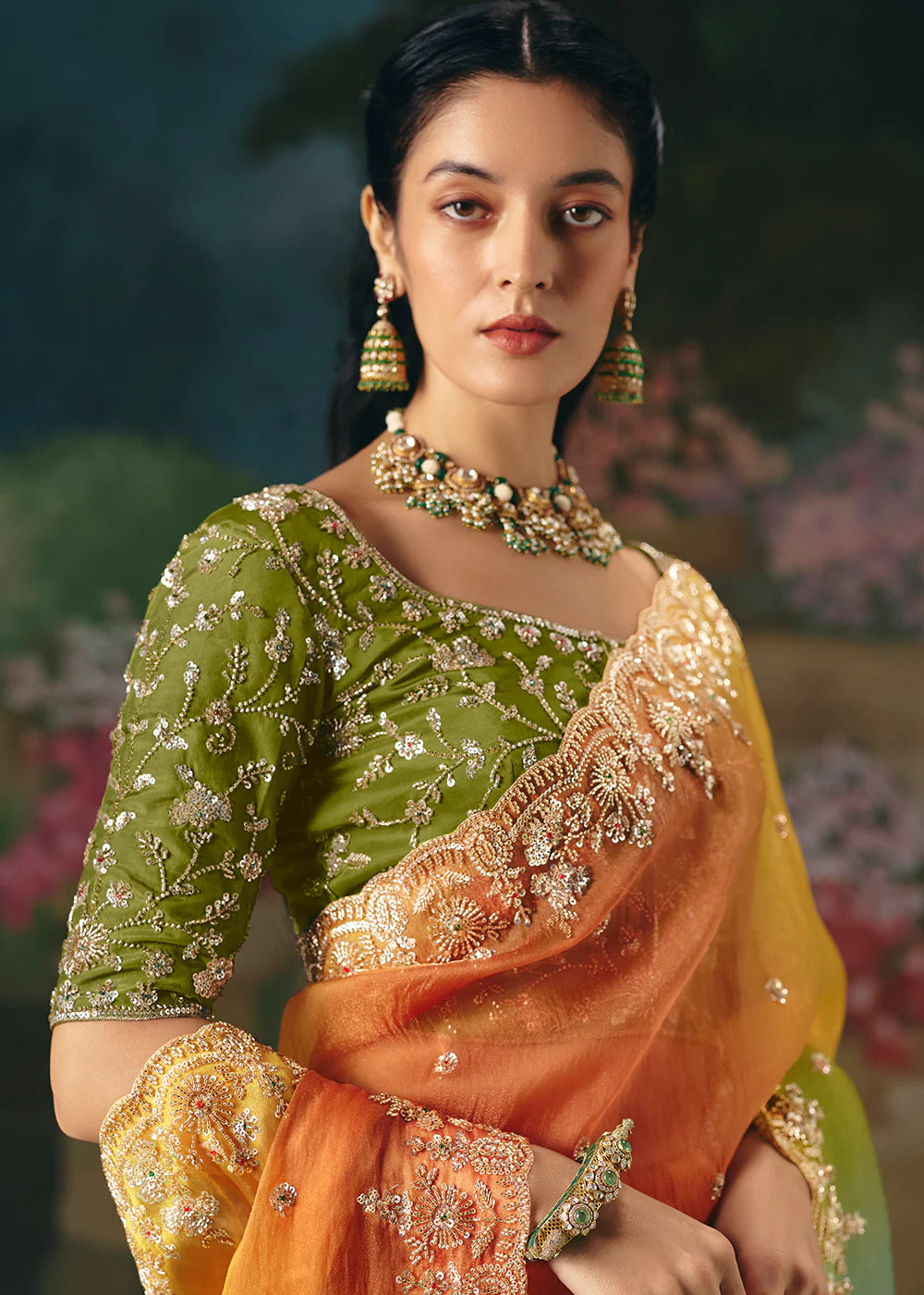 bridal guest saree orange green designer wear