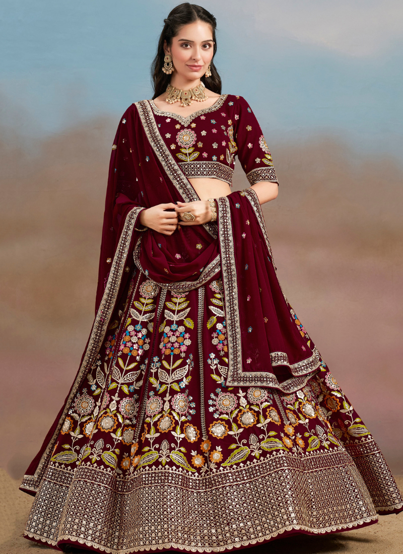 Maroon Georgette Lehenga Choli with Dupatta for Indian Wedding and Pakistani Festival – Multi Thread and Mirror Embroidery Work
