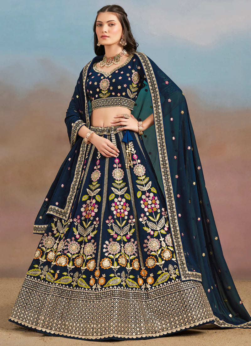 Blue Georgette Lehenga Choli with Dupatta for Indian Wedding and Pakistani Festival – Multi Thread and Mirror Embroidery Work