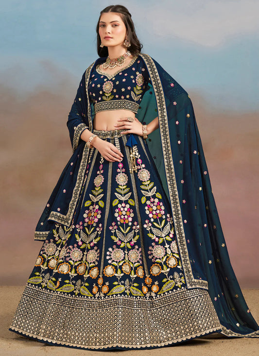 Blue Georgette Lehenga Choli with Dupatta for Indian Wedding and Pakistani Festival – Multi Thread and Mirror Embroidery Work