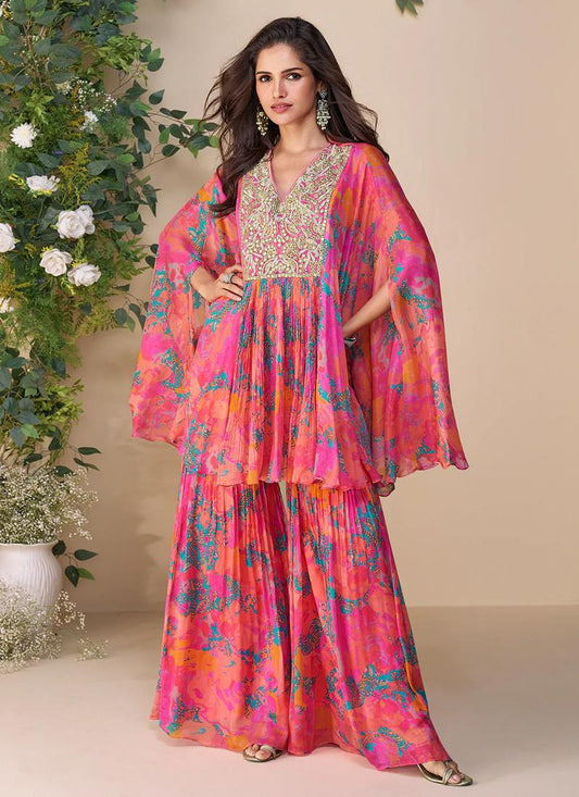 Designer Soft Pink Poncho Palazzo Suit in Chinon For Indian Wedding and Pakistani Festival