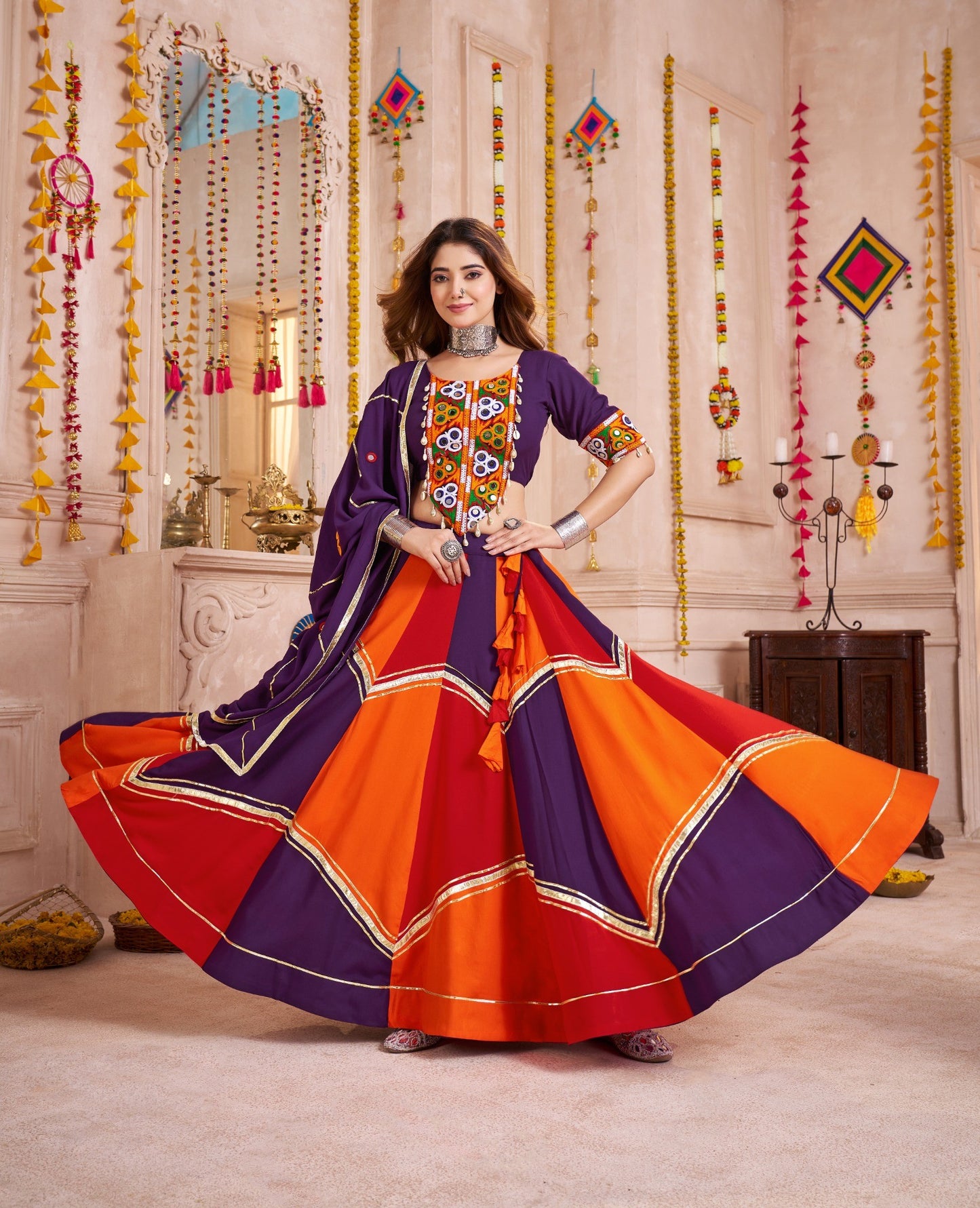 Purple-Orange Multicolor Mirror Lehenga Choli with Handmade Dupatta