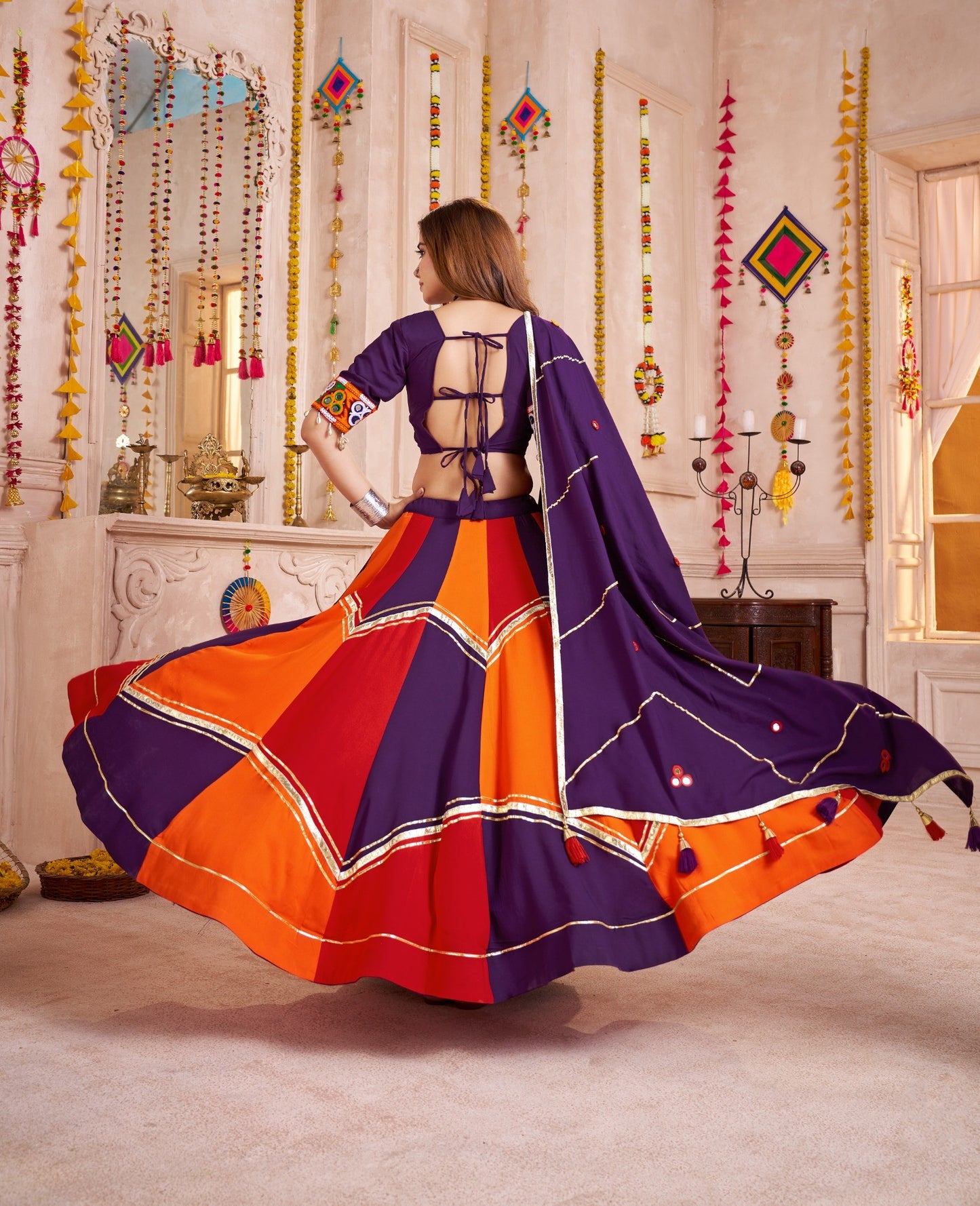 Purple-Orange Multicolor Mirror Lehenga Choli with Handmade Dupatta