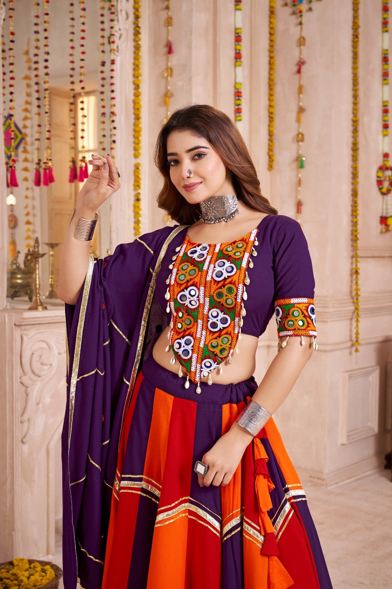 Purple-Orange Multicolor Mirror Lehenga Choli with Handmade Dupatta