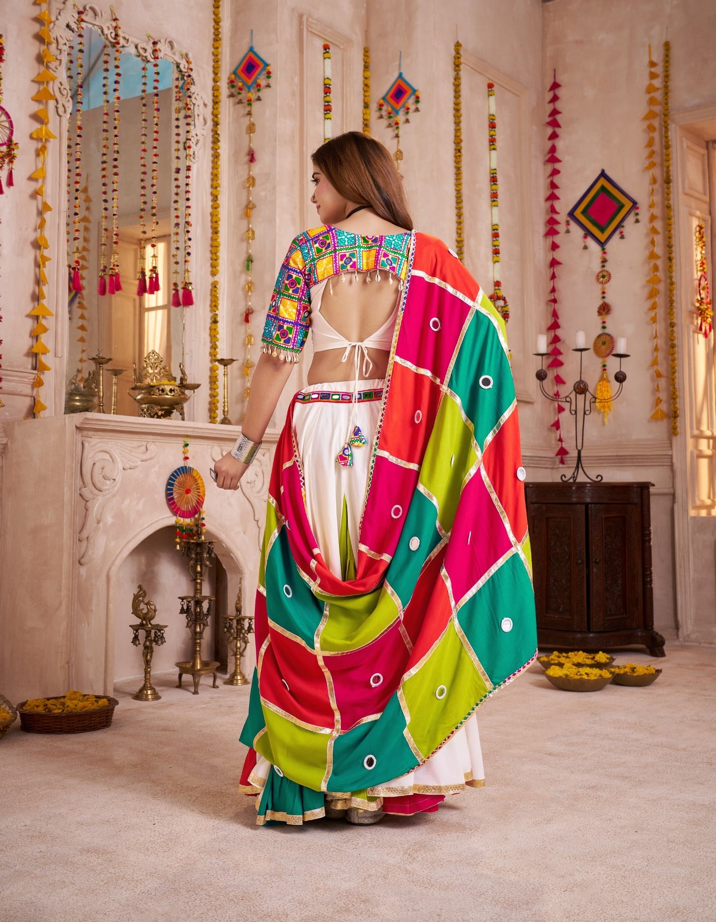 Multicolor Mirror Work Navratri Lehenga Choli with Handmade Patch Dupatta