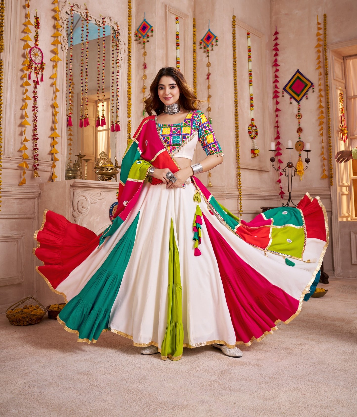 Multicolor Mirror Work Navratri Lehenga Choli with Handmade Patch Dupatta