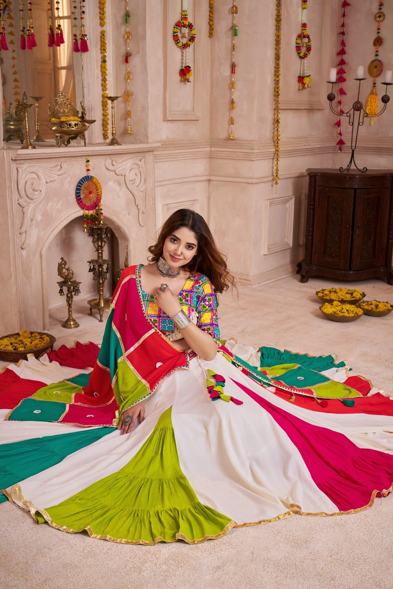 Multicolor Mirror Work Navratri Lehenga Choli with Handmade Patch Dupatta