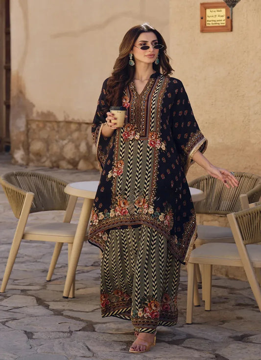 Buy Reday to Wear Black Printed Pakistani Kaftan Style Co-Ord Set