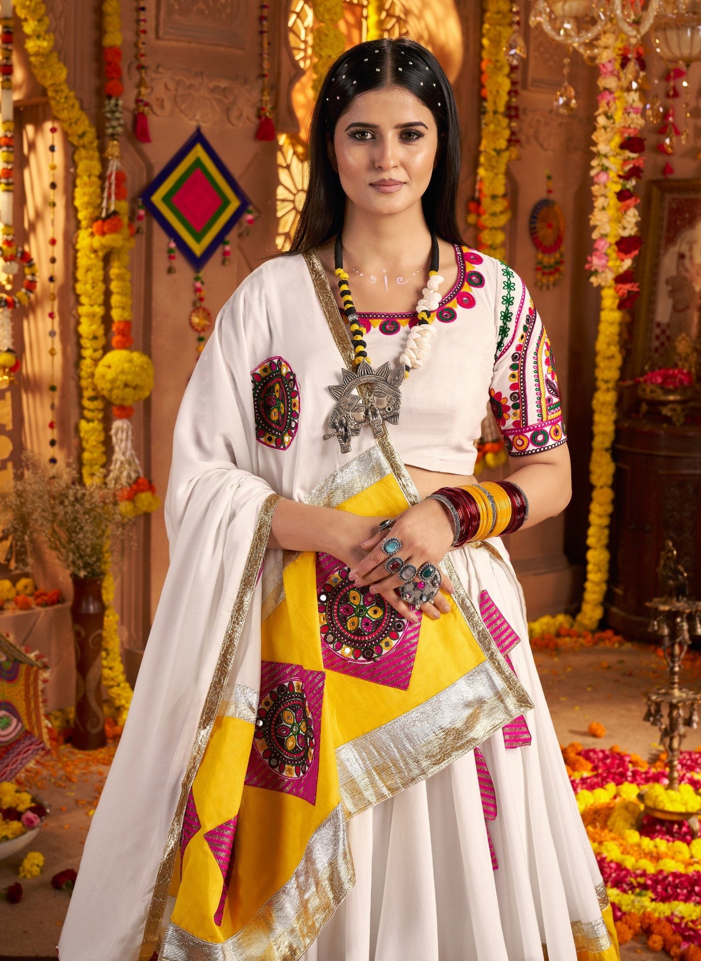 White Chaniya Choli with Yellow & Pink Embroidery – Elegant Navratri Garba Outfit