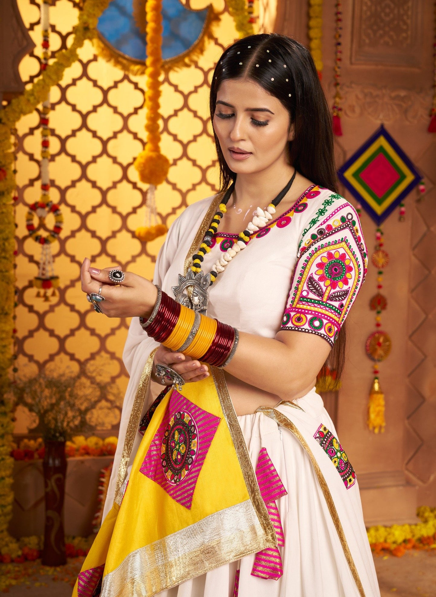 White Chaniya Choli with Yellow & Pink Embroidery – Elegant Navratri Garba Outfit