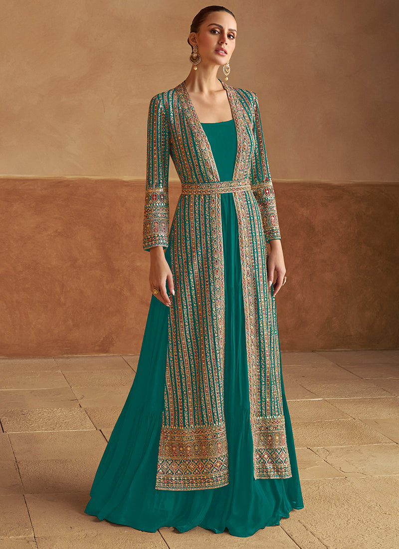 Turquoise Georgette Long Sleeves Jacket Style Anarkali Gown for Indian Wedding and Pakistani Festival
