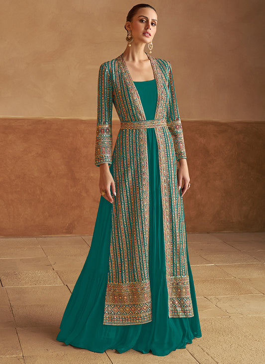 Turquoise Georgette Long Sleeves Jacket Style Anarkali Gown for Indian Wedding and Pakistani Festival