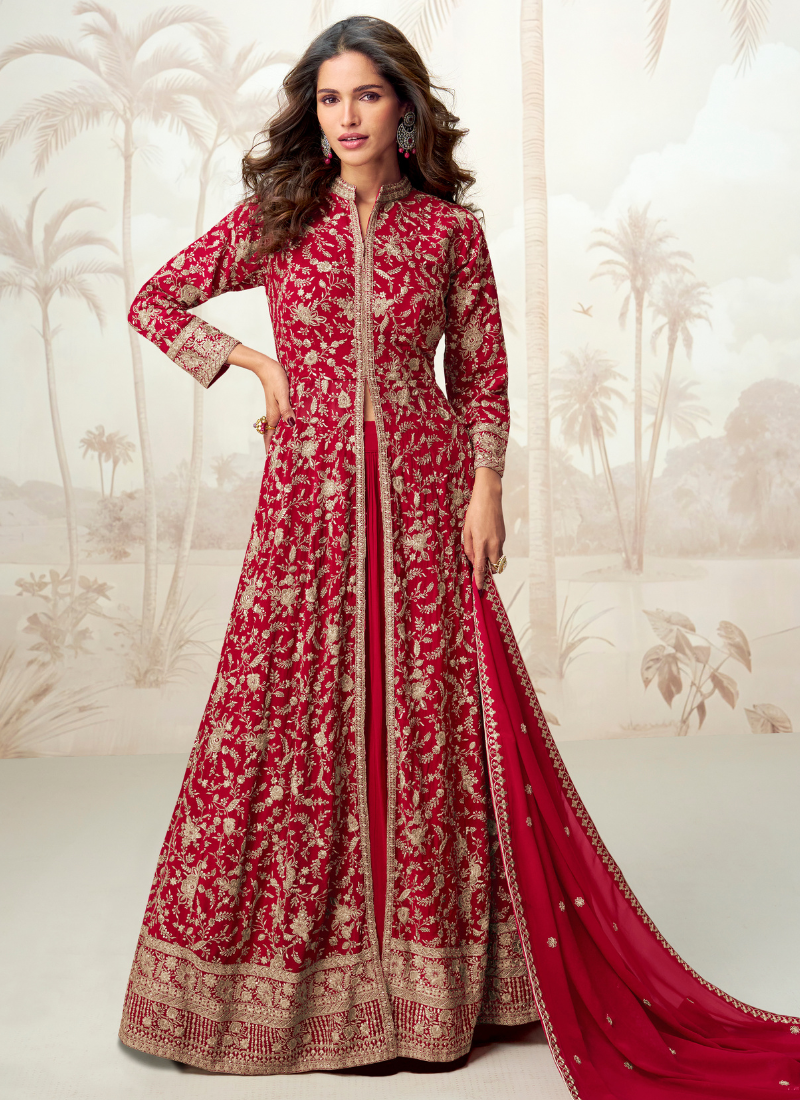 Red Georgette Anarkali Suit with Dupatta for Indian Pakistani Wedding and Festival – Heavy Embroidery Work