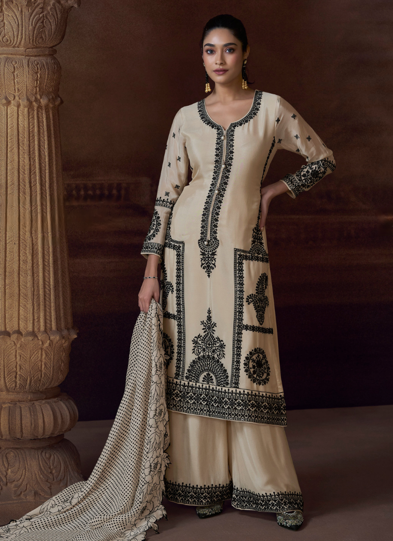 Off White Chinon Silk Long Sleeve Embroidered Salwar Suit with Dupatta for Indian Wedding and Pakista