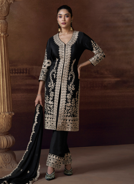 Black Chinon Silk Long Sleeve Embroidered Salwar Suit with Dupatta for Indian Wedding and Pakistani Festival