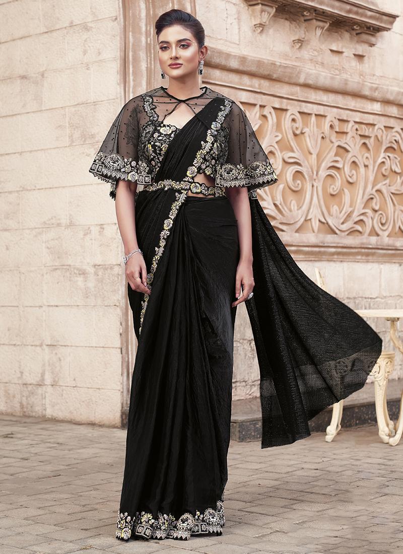 Ready-to-Wear Black Satin Silk Saree with Pearl and Handwork Embroidery