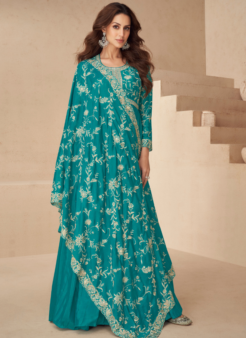 Teal Green Chinnon Silk Embroidery Anarkali Gown with Dupatta for Indian Festival and Pakistani Wedding - Thread Work