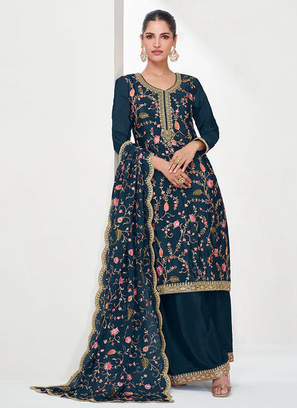 Designer Dark Blue Floral Embroidered Palazzo Suit