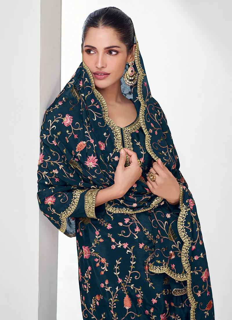 Designer Dark Blue Floral Embroidered Palazzo Suit