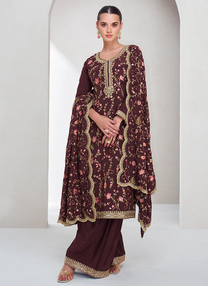 Designer Maroon Floral Embroidered Palazzo Suit