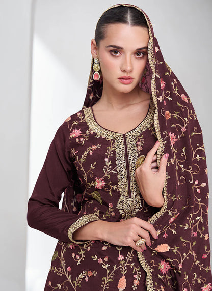 Designer Maroon Floral Embroidered Palazzo Suit