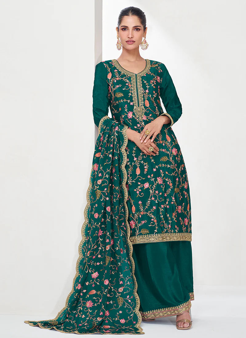 Designer Green Floral Embroidered Palazzo Suit