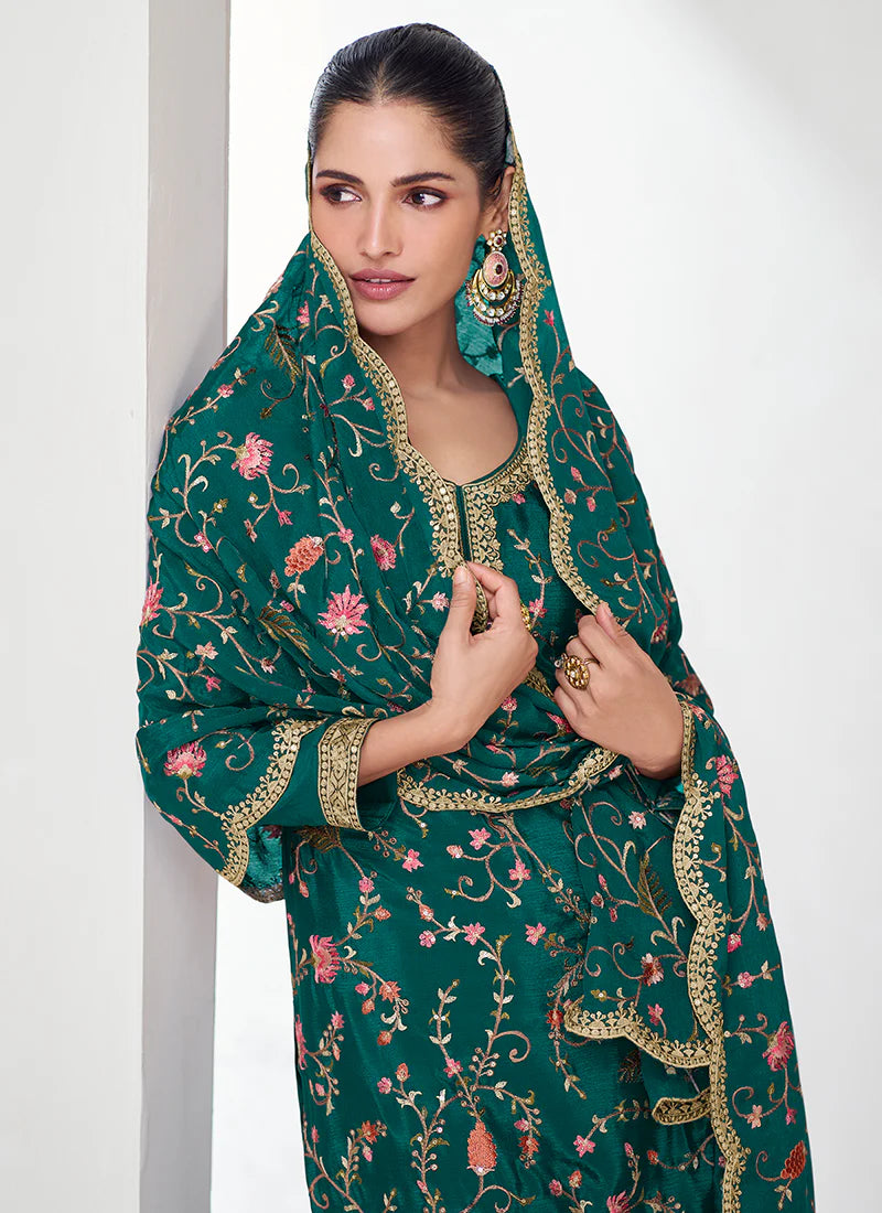 Designer Green Floral Embroidered Palazzo Suit