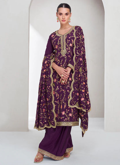 Designer Purple Floral Embroidered Palazzo Suit