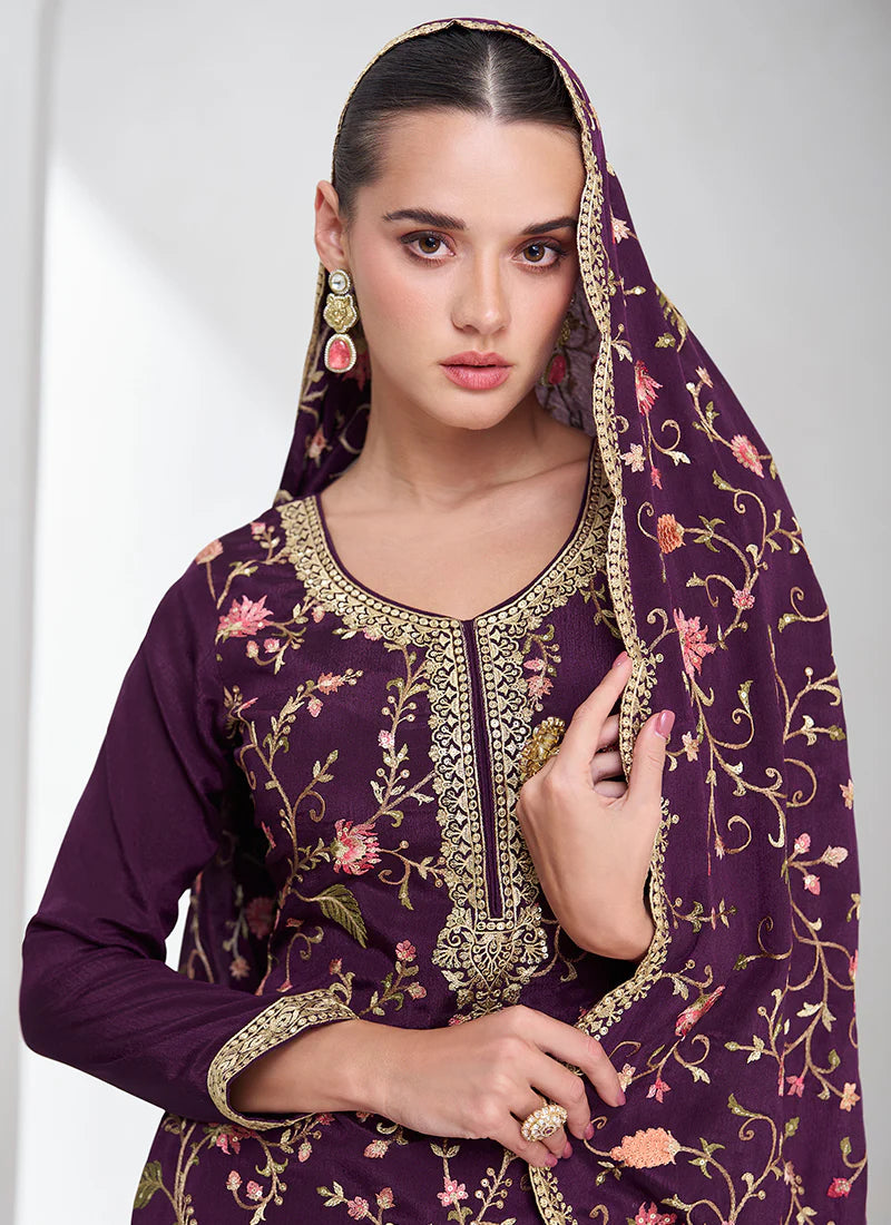 Designer Purple Floral Embroidered Palazzo Suit