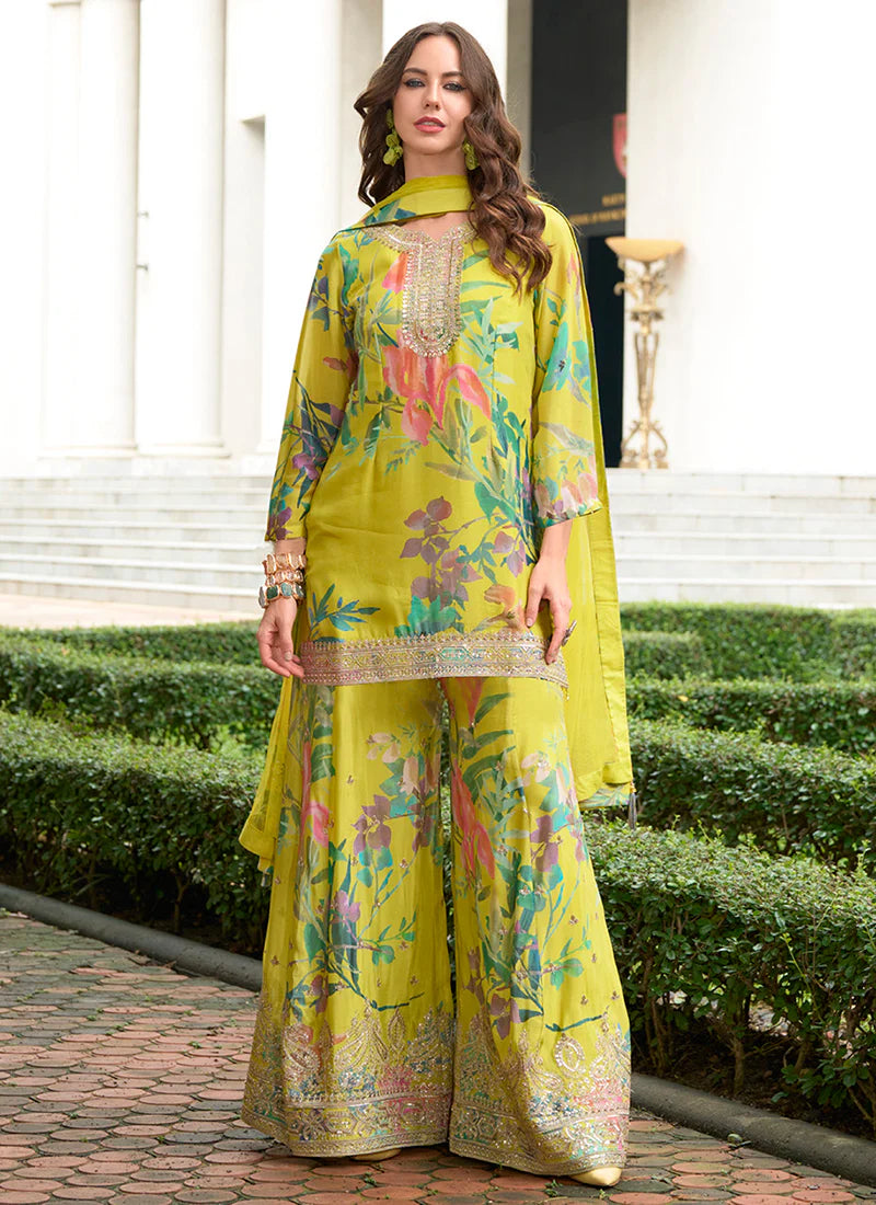 Lime Printed Palazzo Suit with Multicolored Sequins