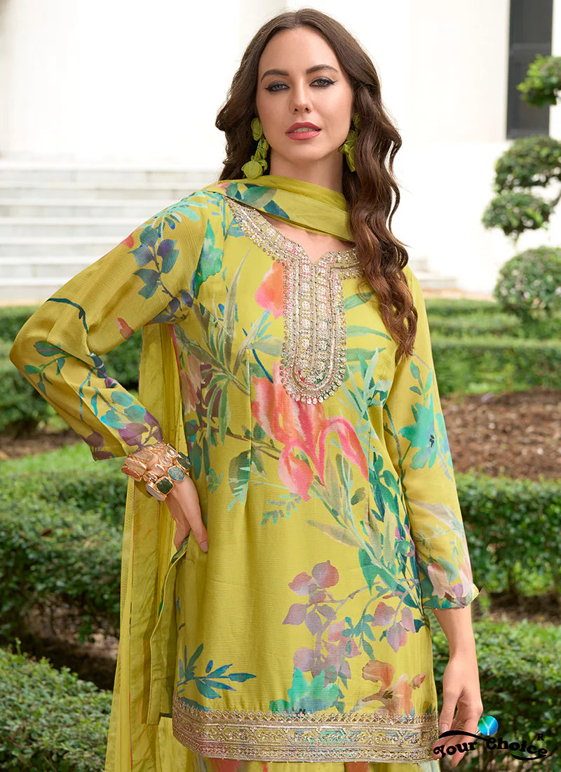 Lime Printed Palazzo Suit with Multicolored Sequins