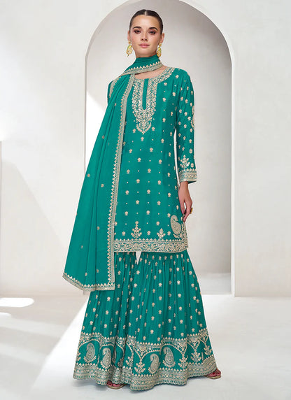 Turquoise Gharara with Intricate Sequin Embroidery