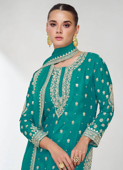 Turquoise Gharara with Intricate Sequin Embroidery