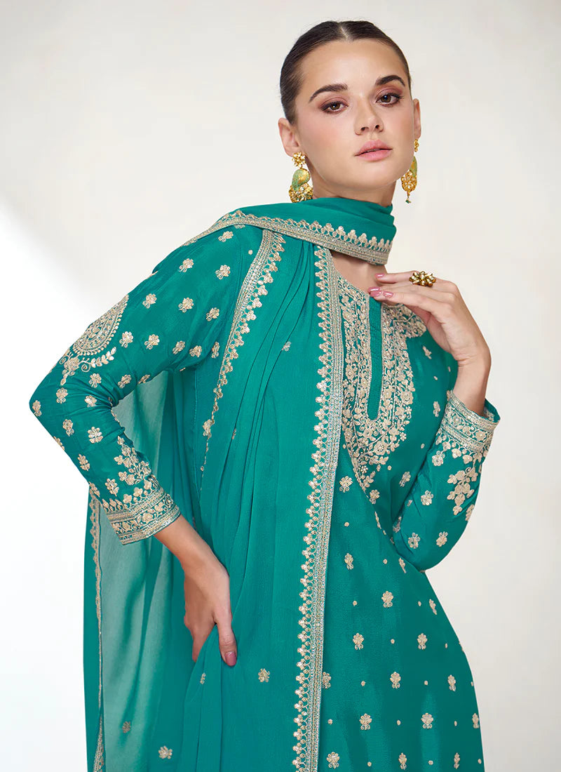 Turquoise Gharara with Intricate Sequin Embroidery