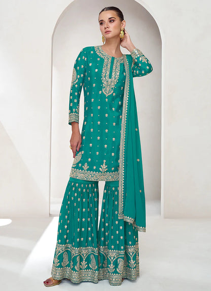 Turquoise Gharara with Intricate Sequin Embroidery