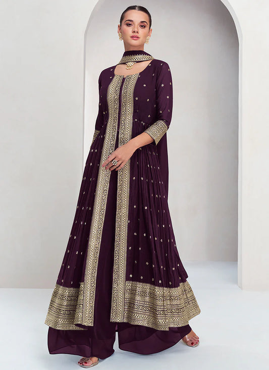 Ethnic Deep Purple  Embroidered Palazzo Suit