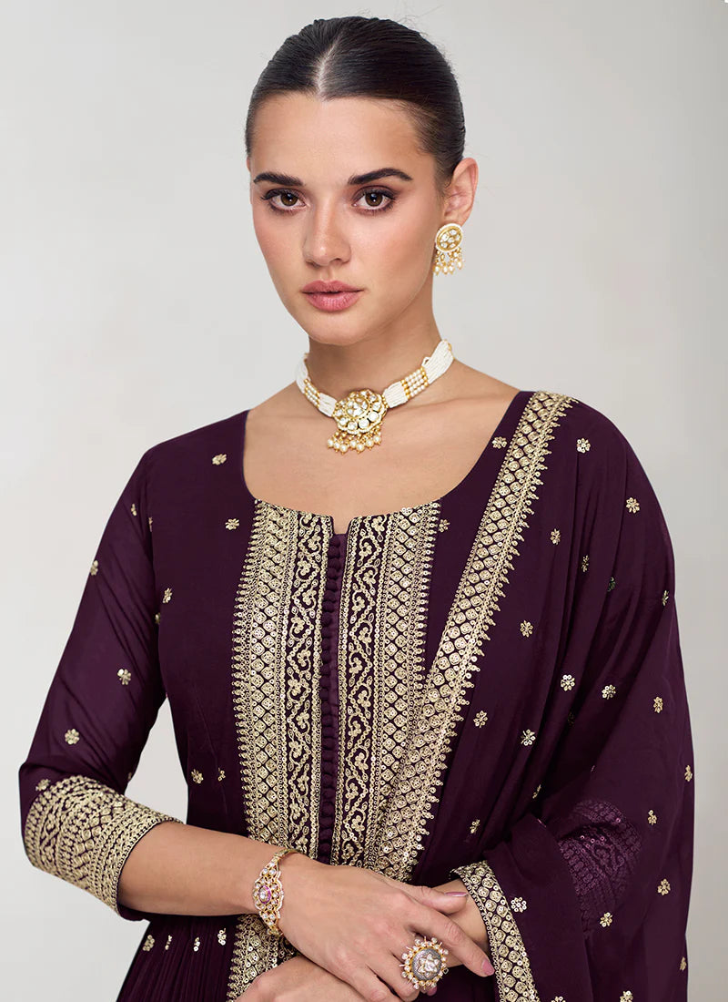 Ethnic Deep Purple  Embroidered Palazzo Suit