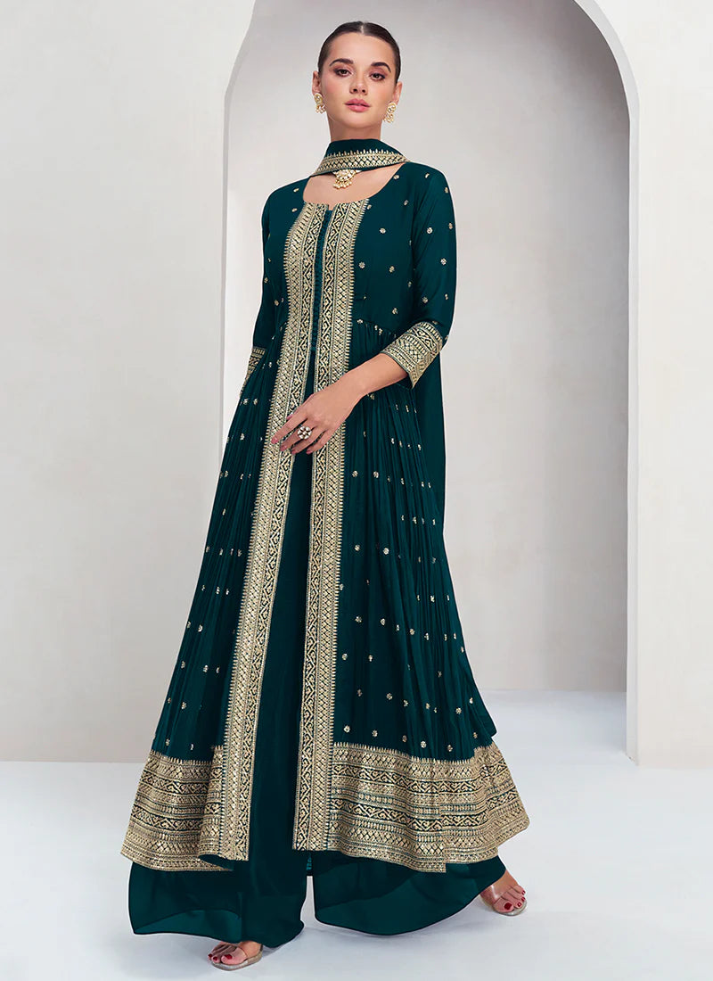 Ethnic Dark Green Embroidered Palazzo Suit