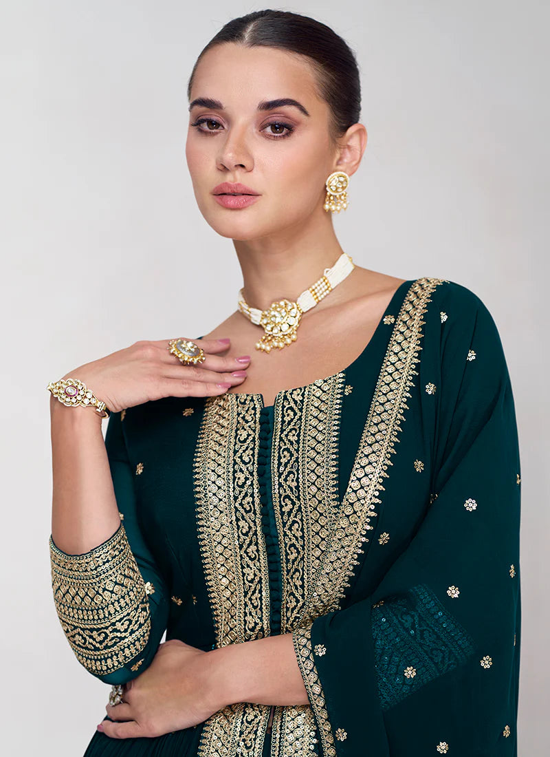 Ethnic Dark Green Embroidered Palazzo Suit