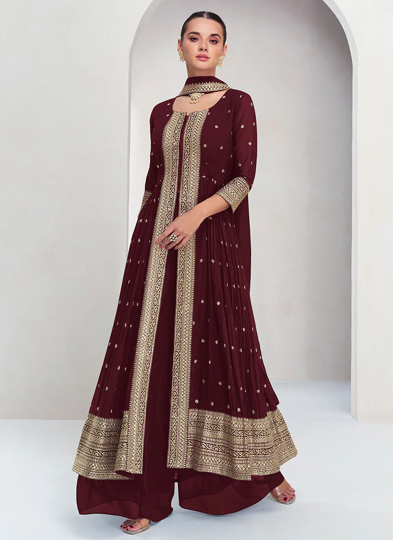 Ethnic Maroon Embroidered Palazzo Suit