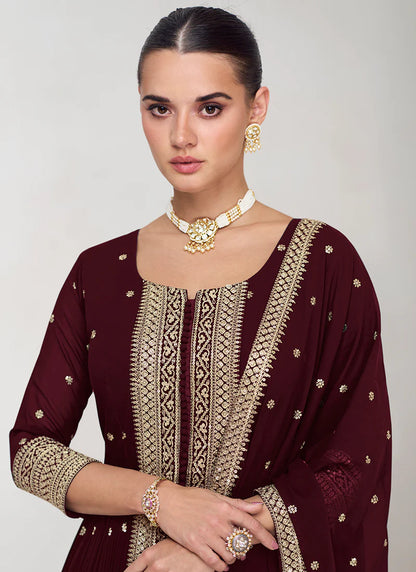 Ethnic Maroon Embroidered Palazzo Suit