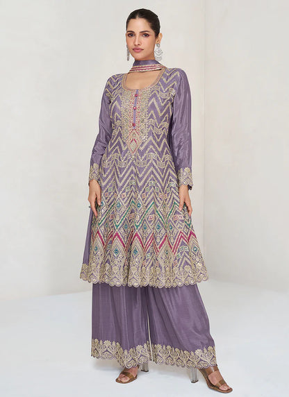 Purple Anarkali Palazzo Suit Featuring Multi-Embroidery