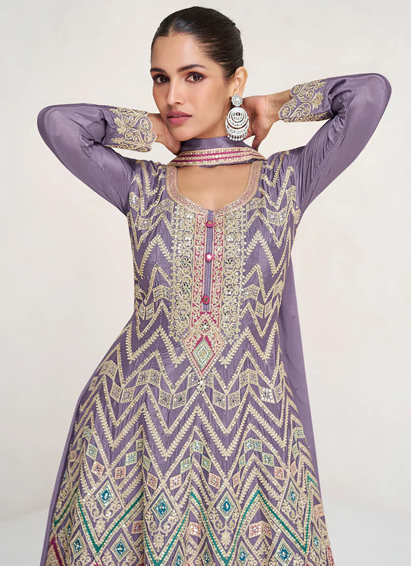 Purple Anarkali Palazzo Suit Featuring Multi-Embroidery