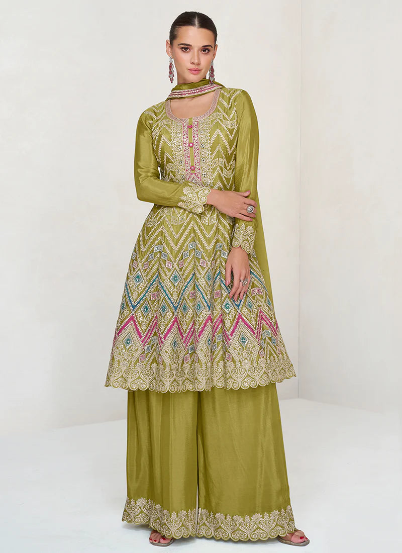 Lime Green Anarkali Palazzo Suit Featuring Multi-Embroidery