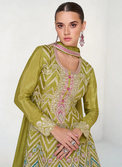 Lime Green Anarkali Palazzo Suit Featuring Multi-Embroidery