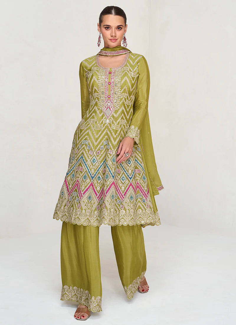 Lime Green Anarkali Palazzo Suit Featuring Multi-Embroidery