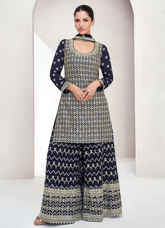 Navy Blue Embroidered Palazzo Suit with Reshamkari Details