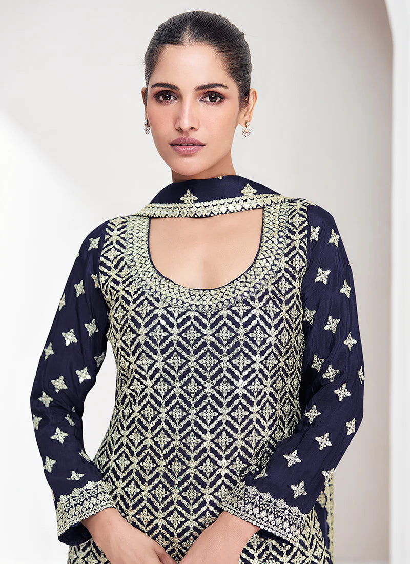 Navy Blue Embroidered Palazzo Suit with Reshamkari Details